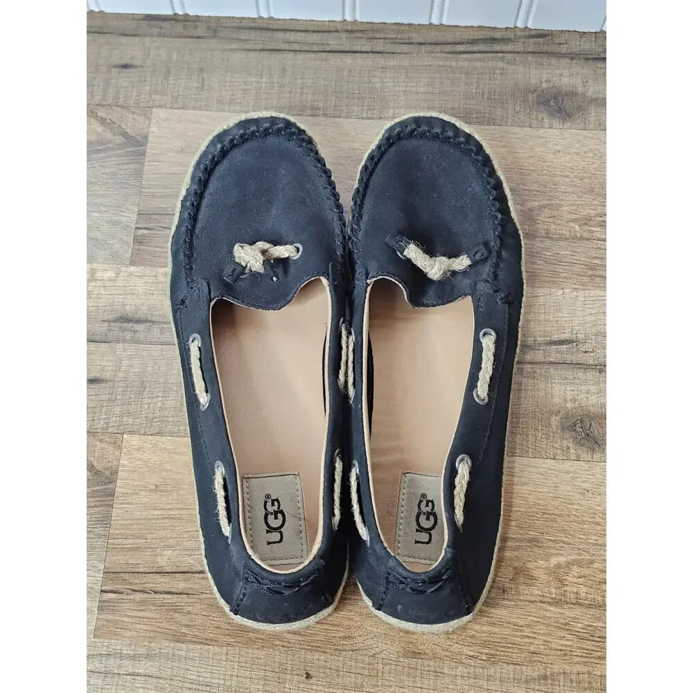 Ugg Australia Women's Black Chivon Leather Moccasin Flat Shoes 8.5 Nautical